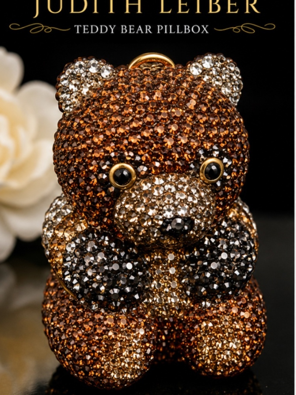Vintage Judith Leiber Swarovski Crystal Teddy Bear Pillbox Ring Box Brown Gold